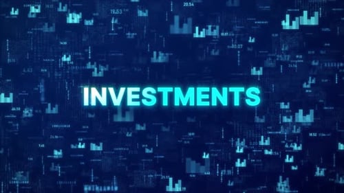 INVESTMENTS Concept over animated stock market background with chart, numbers and matrix codes
