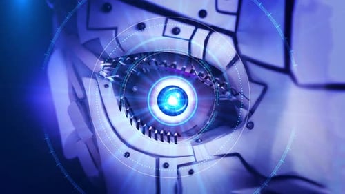Futuristische digitale Roboter-Augenscan-Partikel, Cybertechnologie-Animation. Künstliche 3D-Intelligenz.
