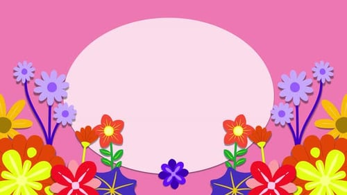 Beautiful floral cartoon animation spring with oval frame. With pink background.