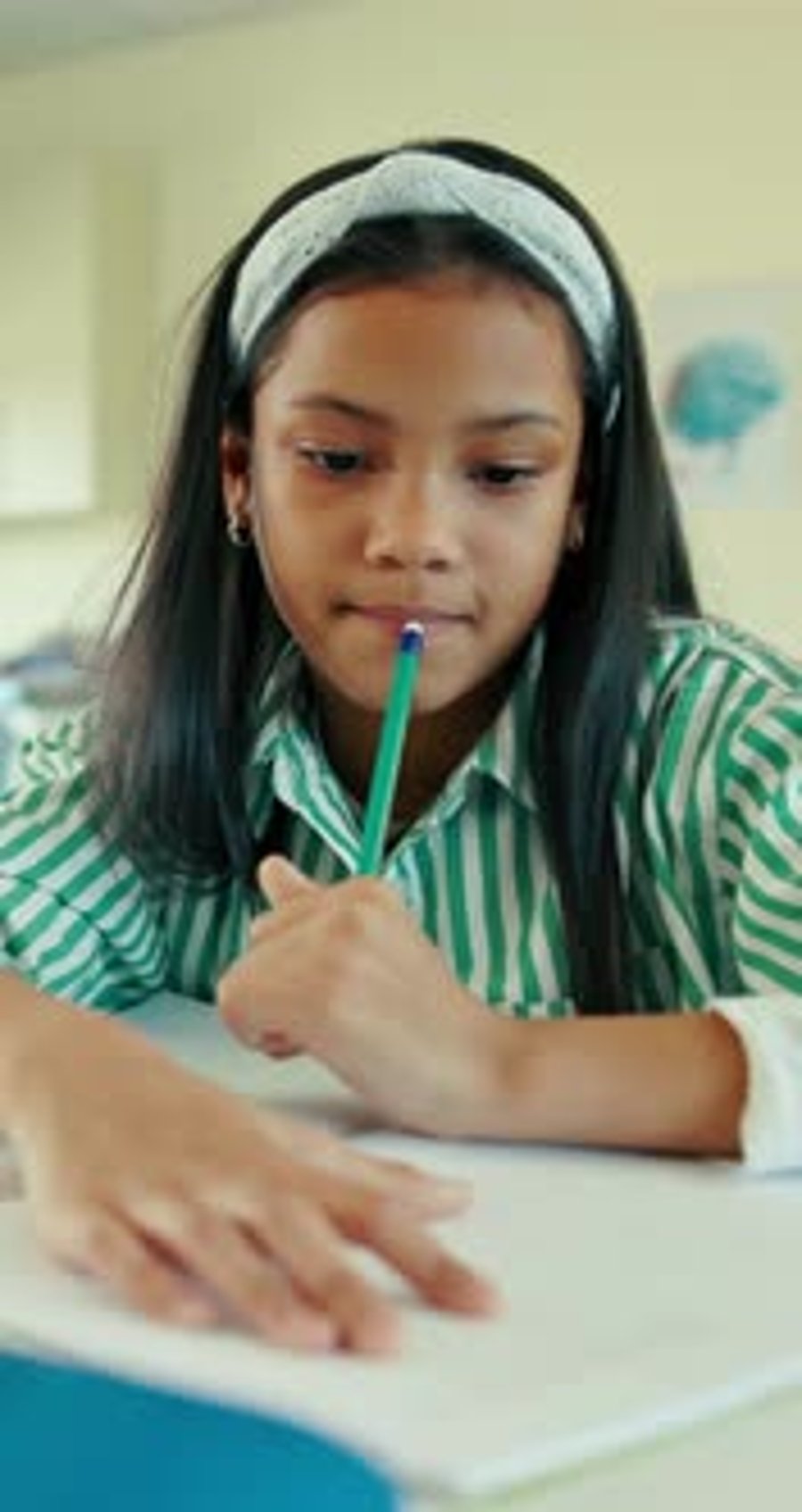 Thinking, student or girl in classroom with pencil for math quiz ...