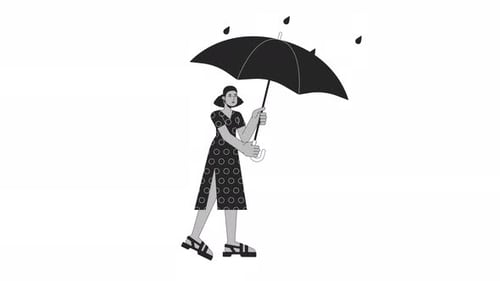 African american lady hiding under umbrella bw outline 2D character animation