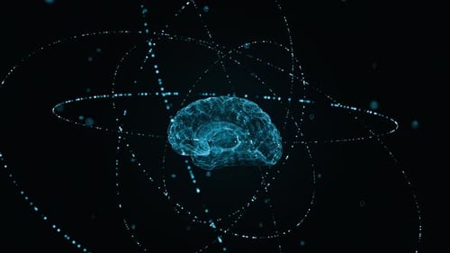 Blue digital brain logo with particle ring circle rotation and ai technology icon on futuristic