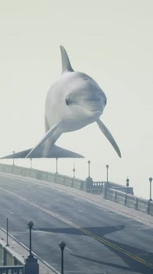 A Large White Dolphin is Flying Over a Bridge