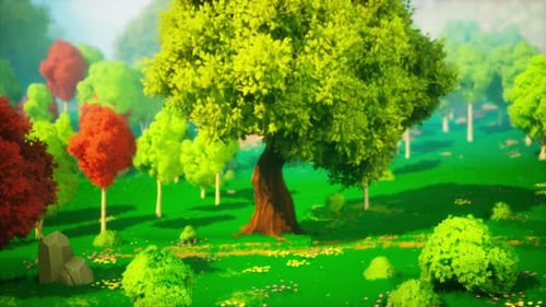 Colorful Cartoon Forest at Sunset