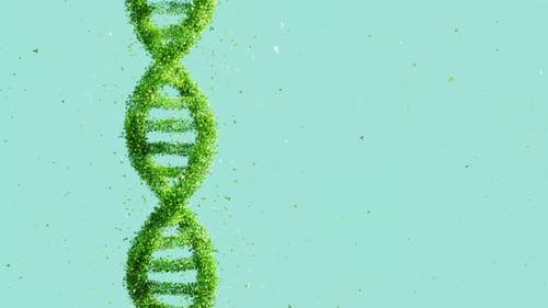Green DNA helix rotating on a light green background.