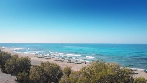 Scenic view of umbrellas at sea coast on sunny day