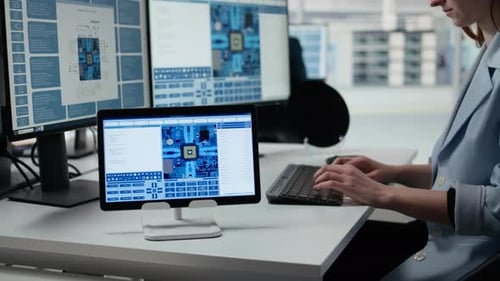 Der Techniker überprüft die Produktionsabläufe von Mikrochips mithilfe von Geräten im Werk
