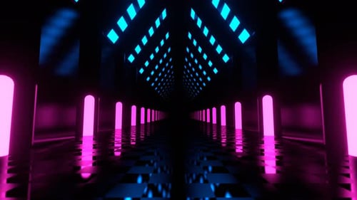 Blue And Pink Corridor With Tall Neon Columns Background Vj Loop I 4K