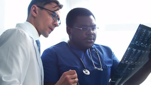 Doctor and Surgeon Talking Near Window Medical Workers in Hospital Office Day Light Healthcare