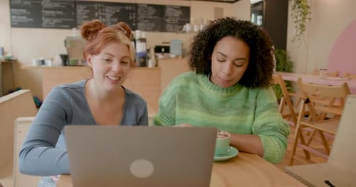 Female Friends Meeting in Cafe and Looking at Laptop