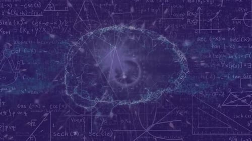 Animation of networks of connections with human brain and mathematical equations on blue background