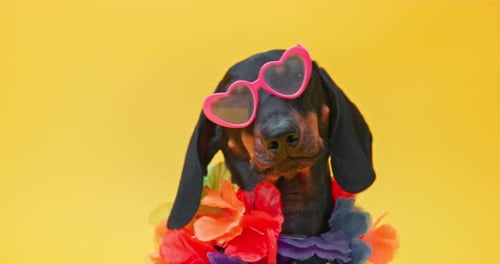 Adorable Dog Wearing Heart Glasses and Flower Garland