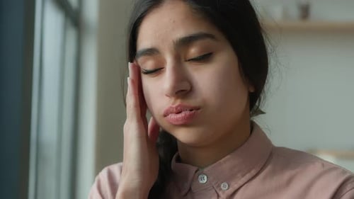 Close Up Sick Tired Arabian Woman Massage Temples Suffer From Headache Painful Head Migraine
