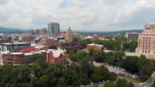 4K Drone Video of Downtown Asheville, NC viewed from the East Side on Sunny Summer Day
