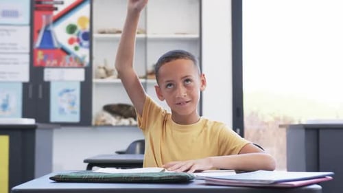 Biracial boy in a classroom raises his hand, eager to answer a question in school