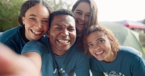 Smiling Volunteers Take Cheerful Selfie Together Outdoors