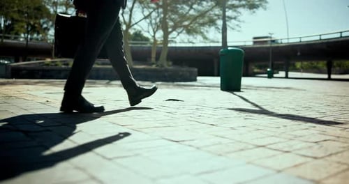 Business person, legs or walking with briefcase for work trip, commute or travel in city