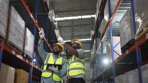 Blue collar workers are working at warehouse.