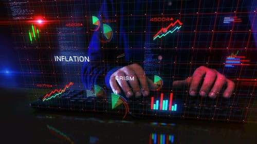 Inflation and recession crisis charts graphs display with man typing keyboard