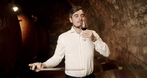 Man Expert with Glass in Hand Tasting and Checking Quality of Wine at Winery