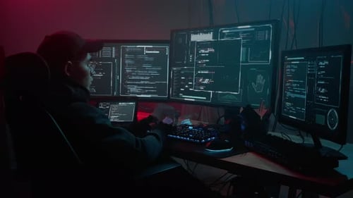 Young Adult Coding with Multiple Monitors at Night
