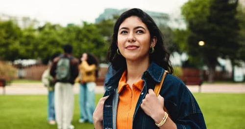 Thinking, college student and woman on campus with smile for education, learning