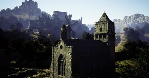 Ancient Stone Church Nestled in a Mountainous Landscape with Castles Nearby