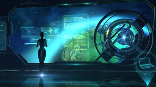 AI Robot in Futuristic Space Station with Holographic Interface