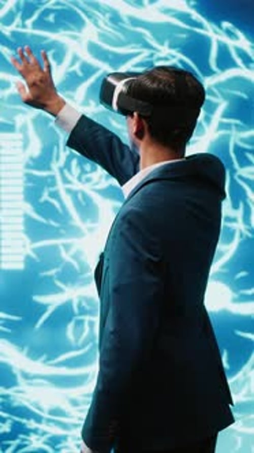 Vertical Video Computer Scientist Wearing VR Headset Interacting with AI Visualization