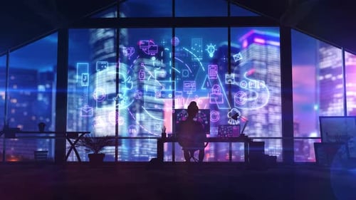 Businesswoman Working on Computer with Ideas Hologram at Night