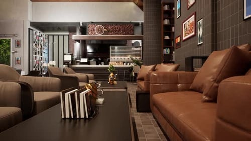 Warm and Modern Cafe Interior with Cozy Armchairs, Green Wall Panel