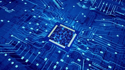 Futuristic Digital Circuit Board with Glowing Processor and Data Flow