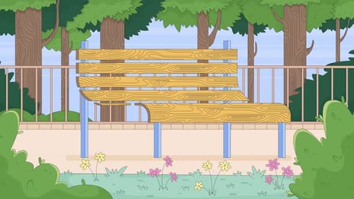 Empty wooden bench in serene forest park 2D cartoon animation