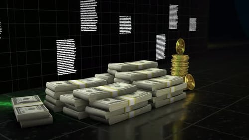 Money Stacks with Stock Market Background 4K