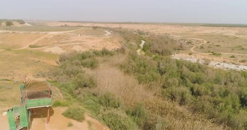 Aerial view of observatory looking at a dry stream, HaBesor, Israel.