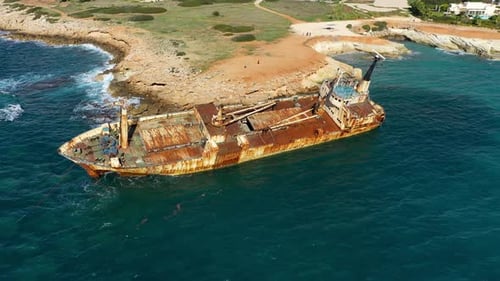 Abandoned Edro III Shipwreck at seashore of Peyia, near Paphos, Cyprus. Historic Edro III Shipwreck