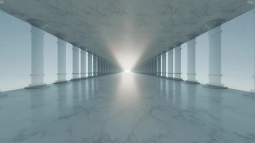 3D-Rendering Minimalistische Marmorkolonnade mit perfekter Symmetrie und Fluchtpunktperspektive
