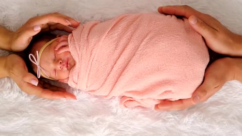 Infant Sleeping Swaddled Surrounded by Parents Hands