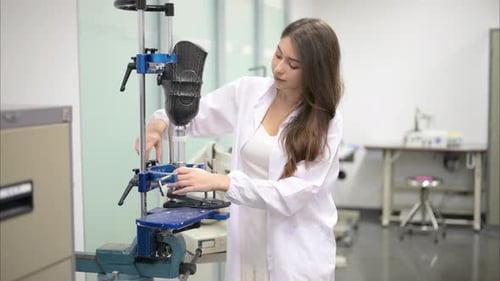Woman Adjusting Prosthetic Limb in Bright Lab