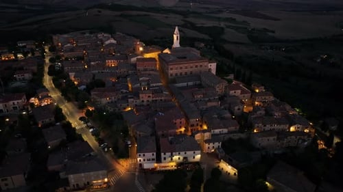 Night Aerial View of Medieval Pienza Town in Tuscany Siena Province Italy