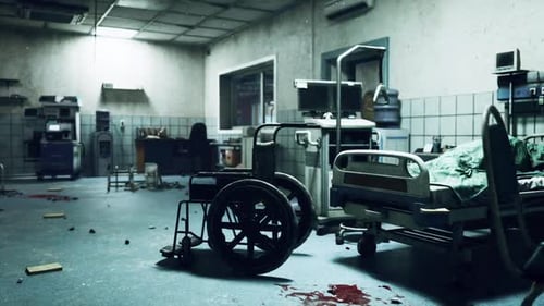 Abandoned Hospital Room with Overturned Wheelchair and Scattered Debris