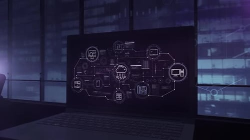 Animated Cloud Technology Network with Business Data Icons
