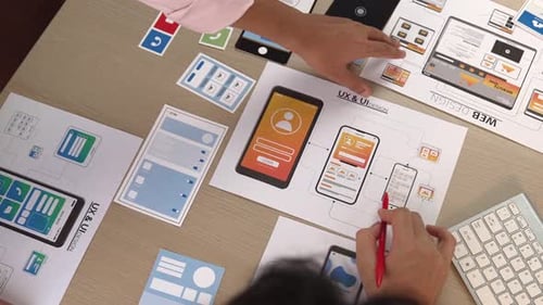 Panorama video of startup company employee plann on user interface. Synergic