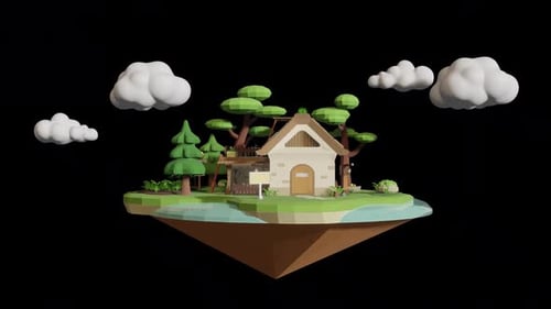 Low Poly Floating Island with House and Trees Animation