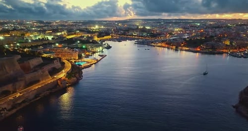 Aerial View of Sliema at Night Buildings and Apartments in the Night Lights Malta