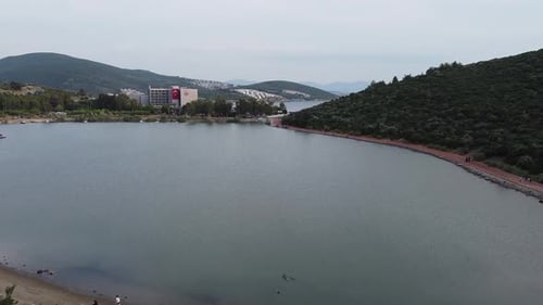 lake, shore, sea, hotel and resort area aerial by drone