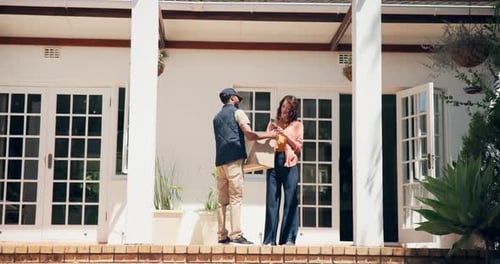 Digital signature, box and woman at door with delivery man for online shopping