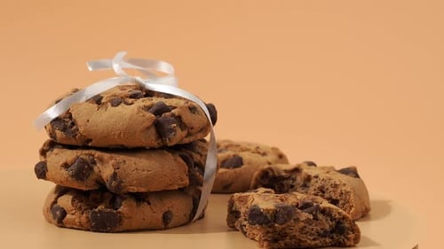 Chocolate Chip Cookies Stacked with Ribbon
