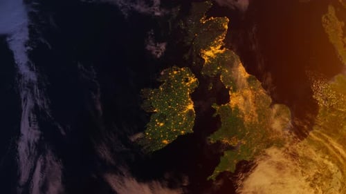Ireland From Space At Sunrise. Uk From Space Orbit. Planet. Globe