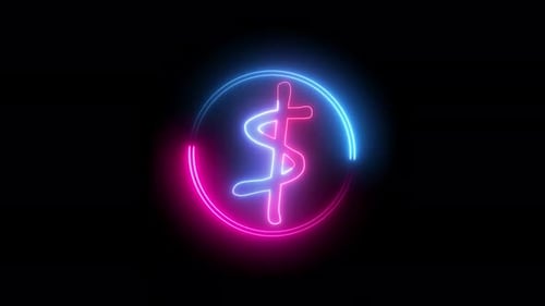 Pink and blue color glowing circle with dollar symbol . motion black background. Vd 1109